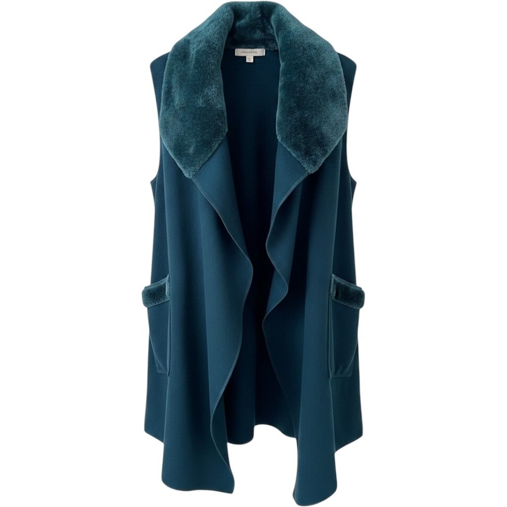 Le Moda Teal Blue Faux Fur Trim Fleece Vest Shawl Collar XL-XXL LDS-5889FT